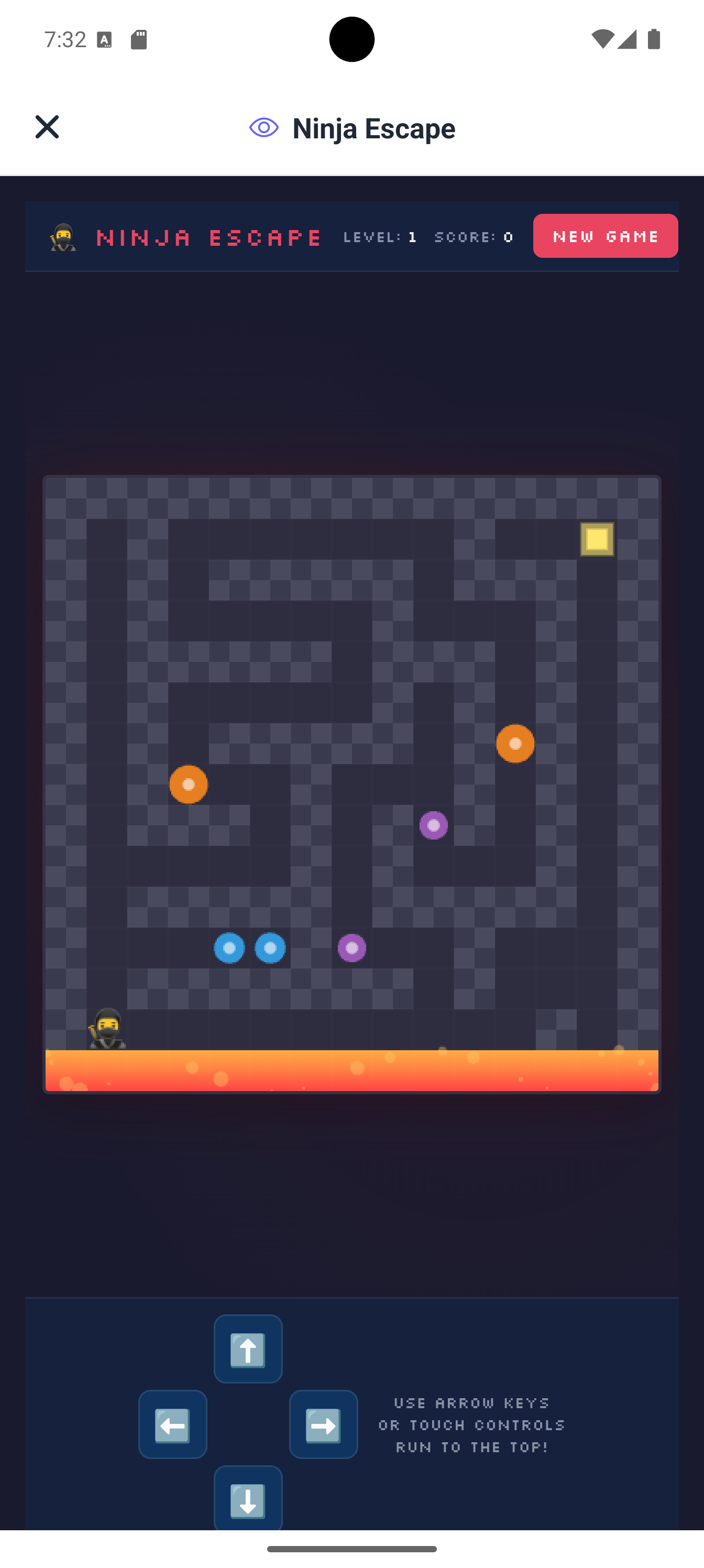 Ninja Escape maze game built with Neyse AI — score, level counter, and on-screen arrow controls
