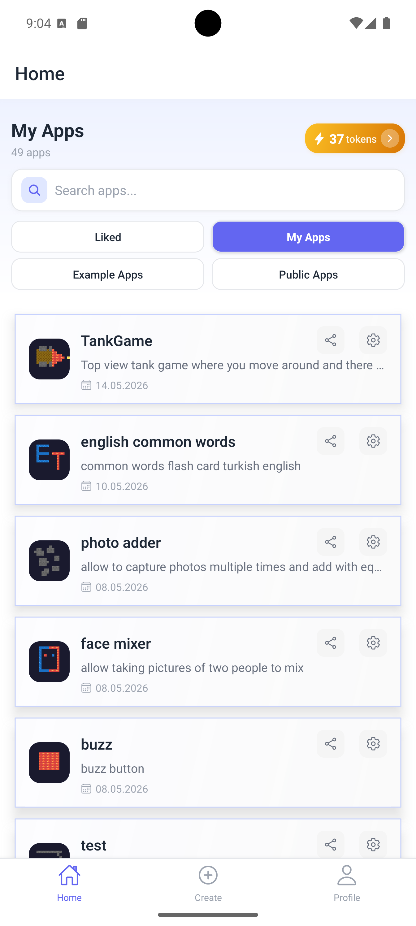 Neyse home screen showing My Apps library with TankGame, flashcards, photo adder and more