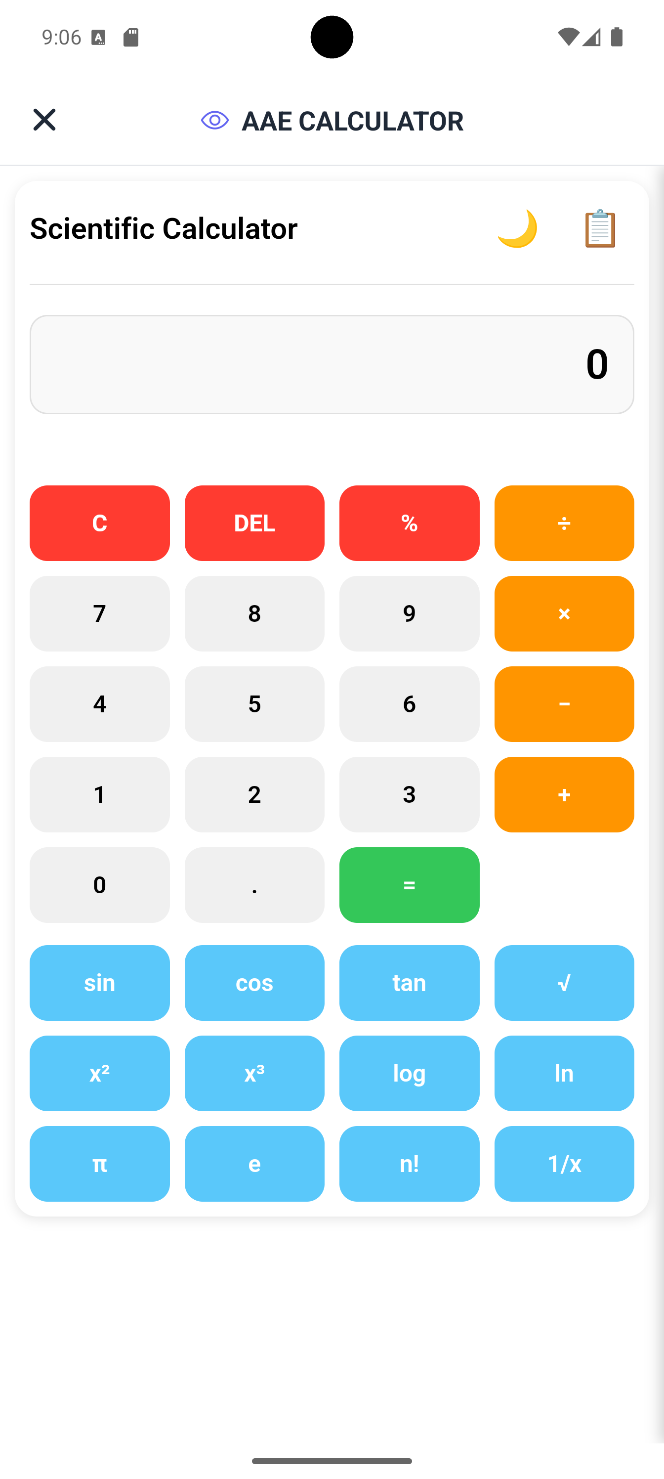 Scientific calculator app made with Neyse AI showing trig and log functions