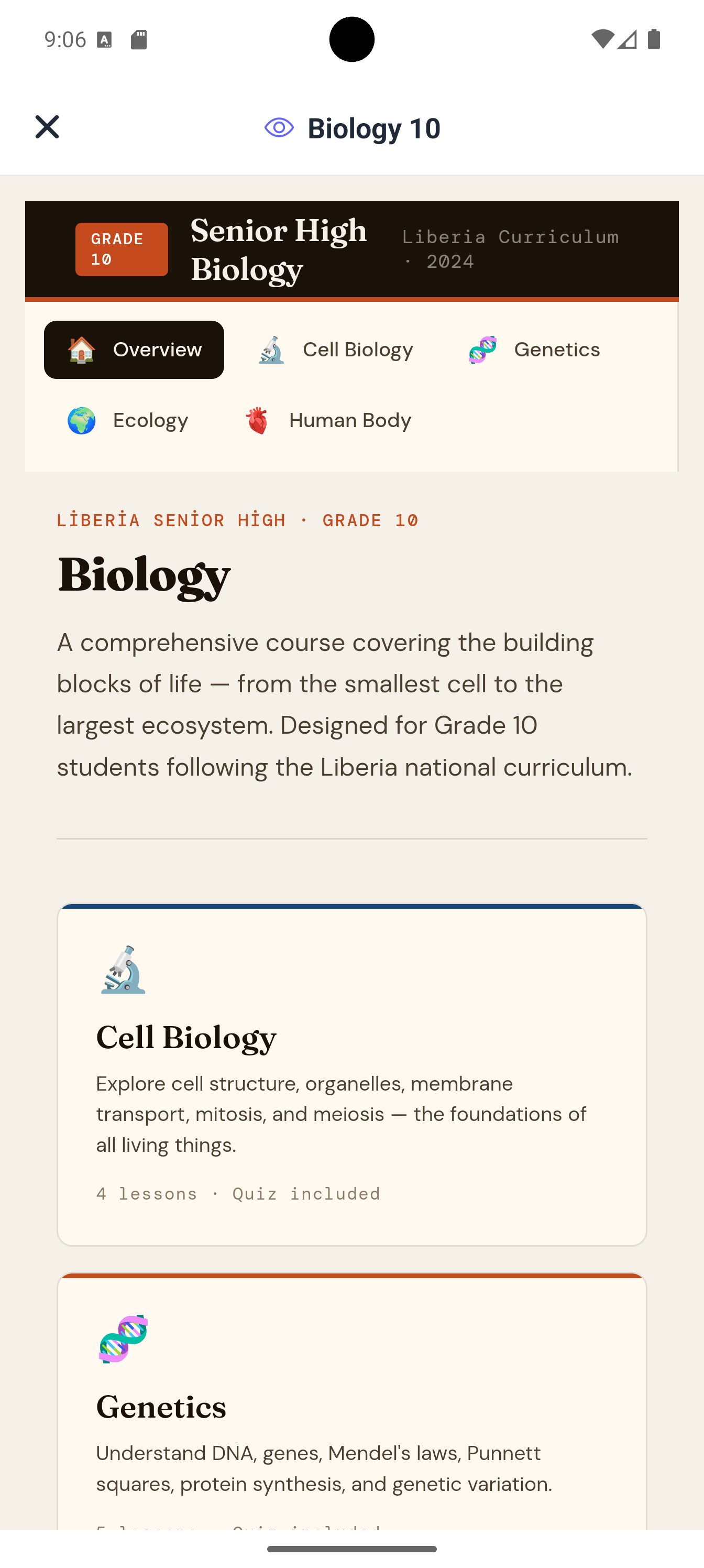 Grade 10 Biology study app built with Neyse covering cell biology, genetics, ecology
