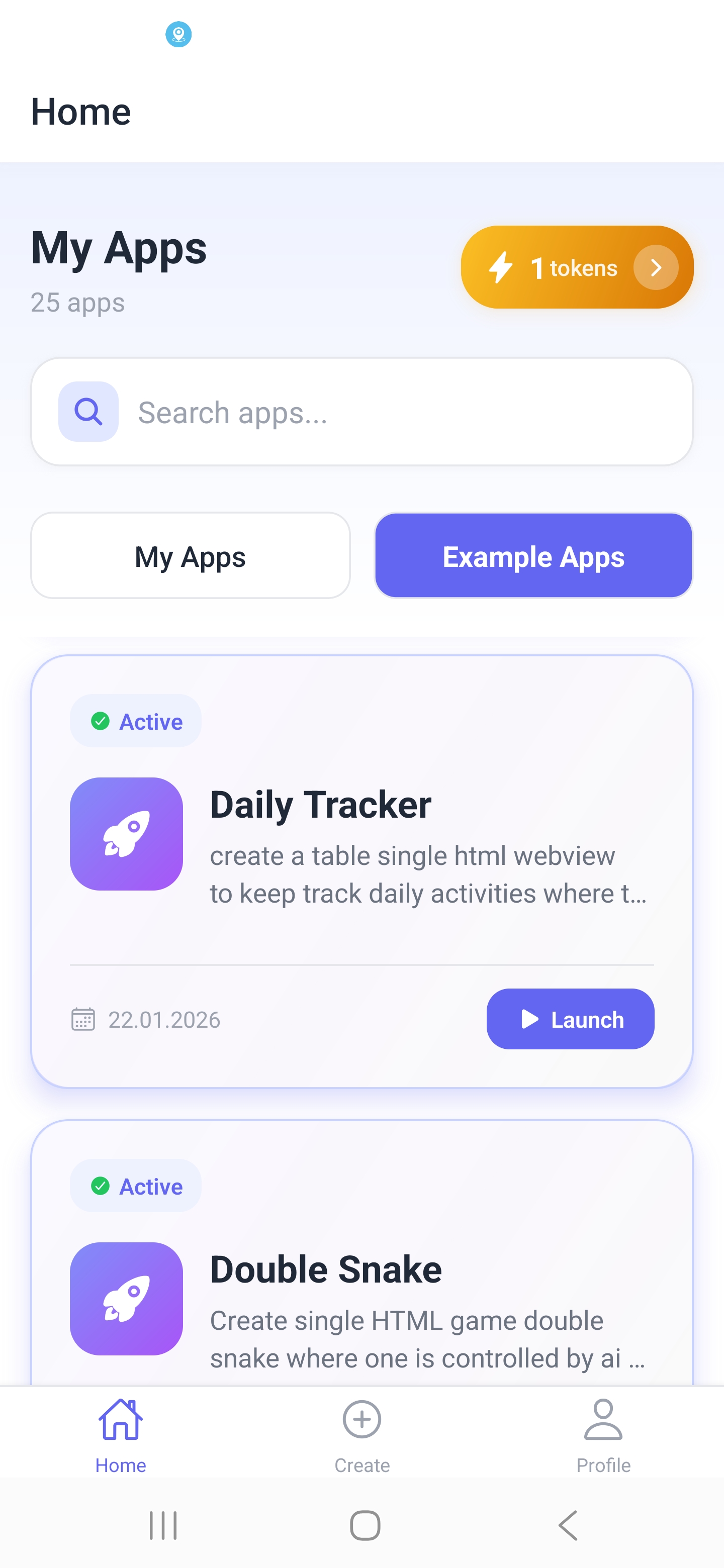 Neyse Home tab with Daily Tracker and Double Snake apps created from prompts