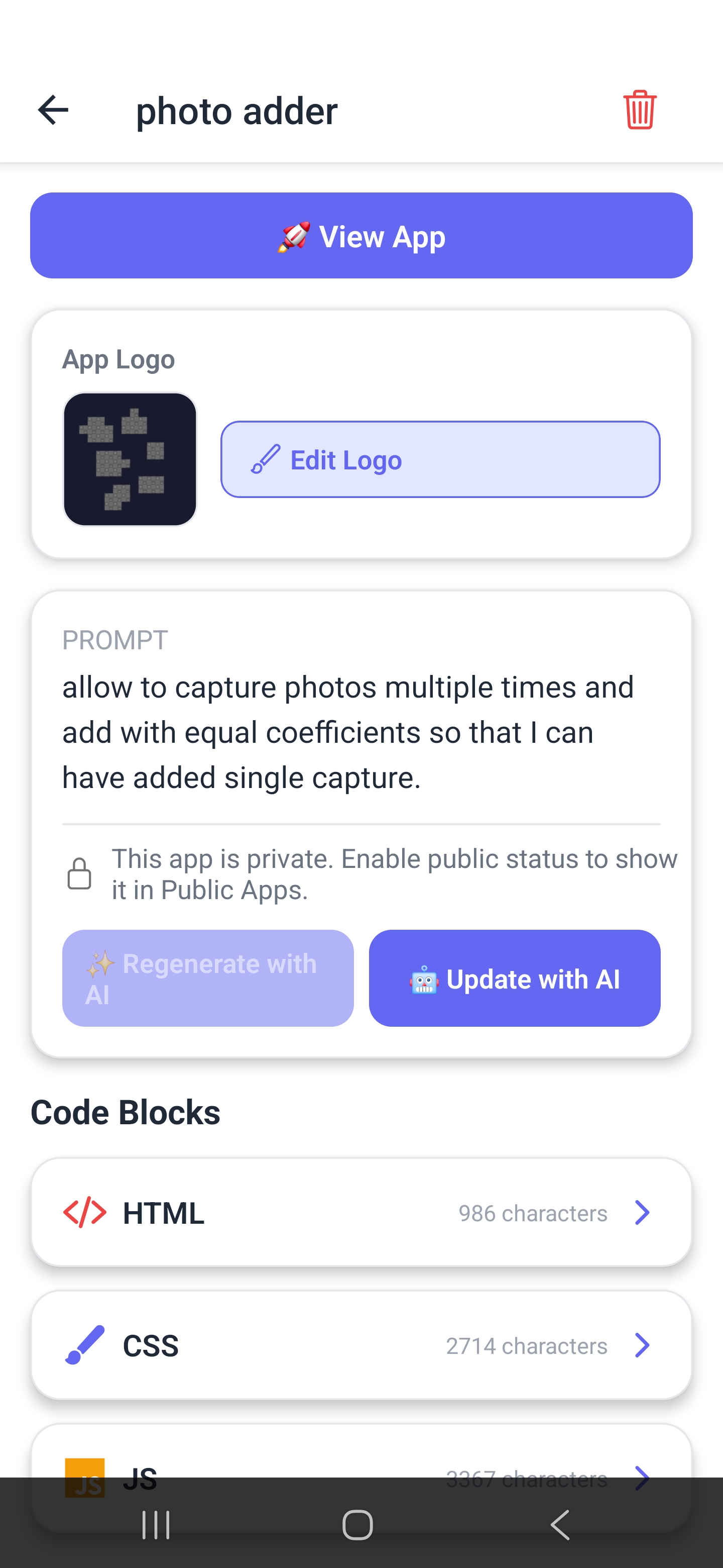 Neyse app editor showing the original prompt with editable HTML, CSS, and JavaScript blocks