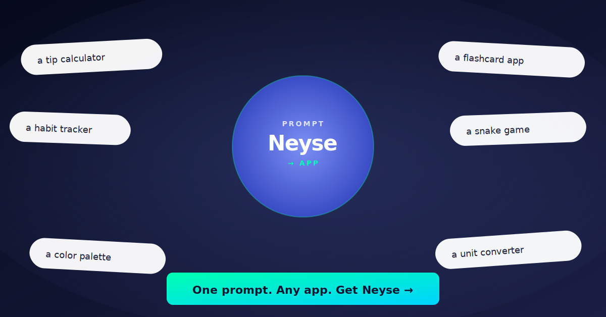 One prompt, any app — Neyse generates tip calculators, snake games, habit trackers, flashcards, color palettes and unit converters