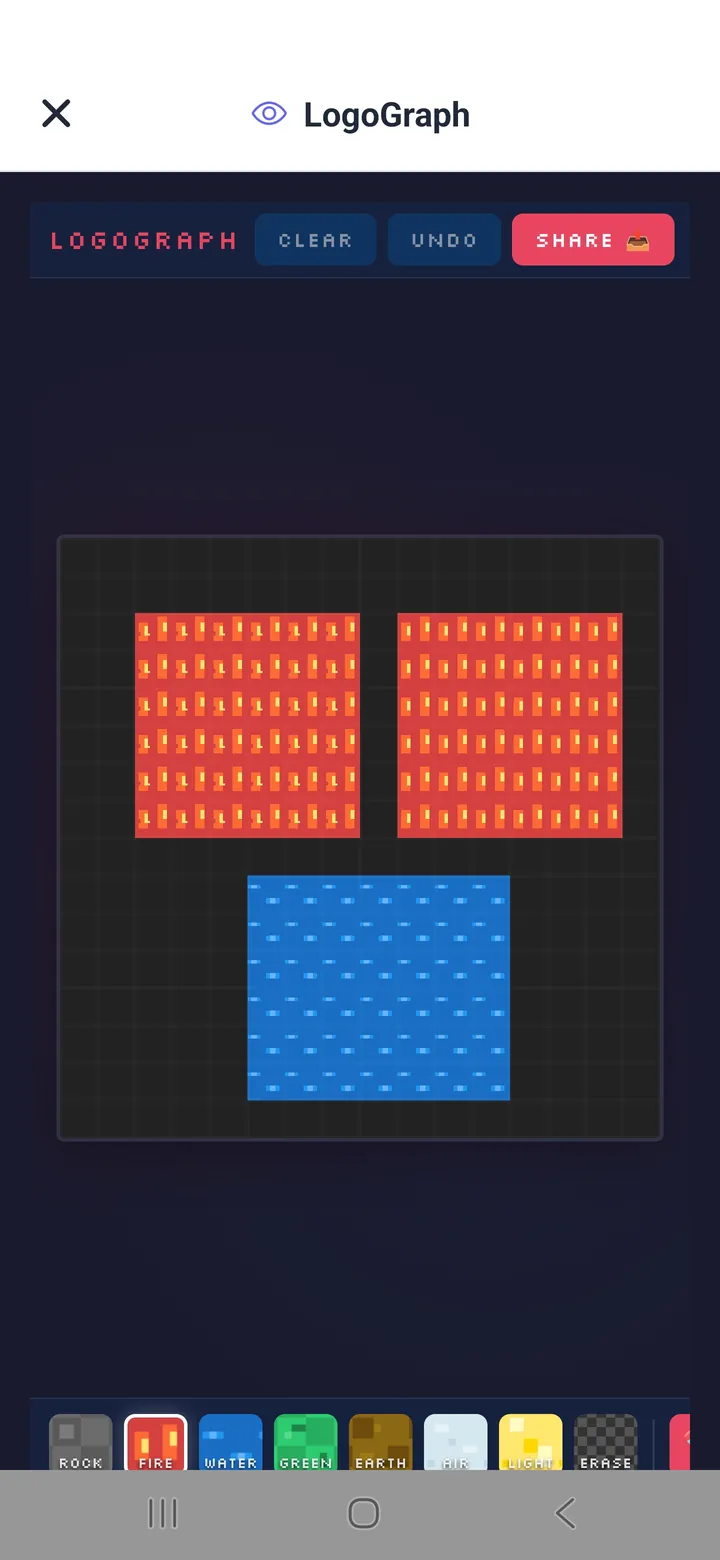 LogoGraph pixel-art editor made with Neyse, showing fire and water brushes on a grid canvas