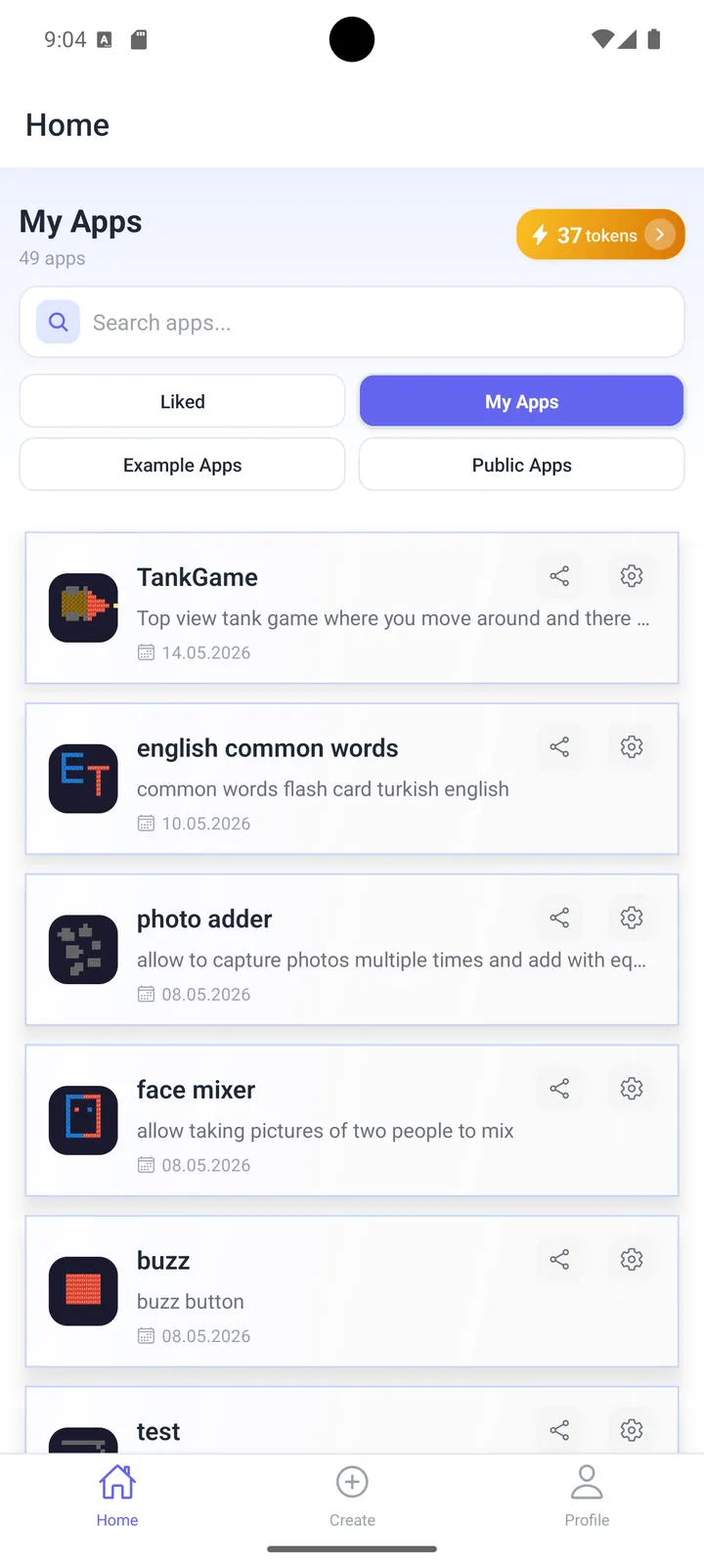 Neyse app maker My Apps screen on Android listing apps made from text prompts: TankGame, English flashcards, photo adder and face mixer