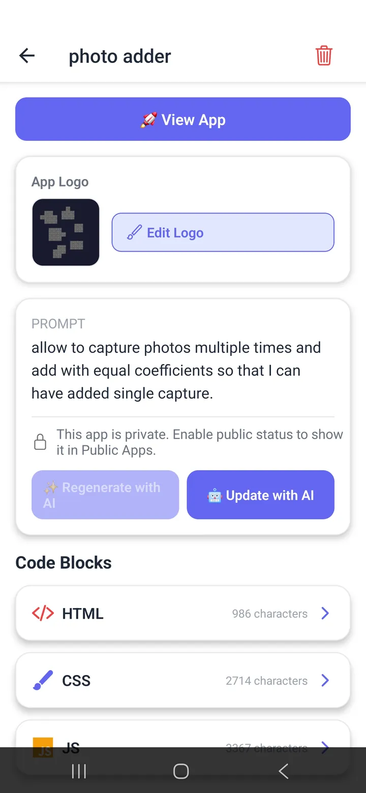 Neyse editor showing an app's original prompt above editable HTML, CSS and JavaScript