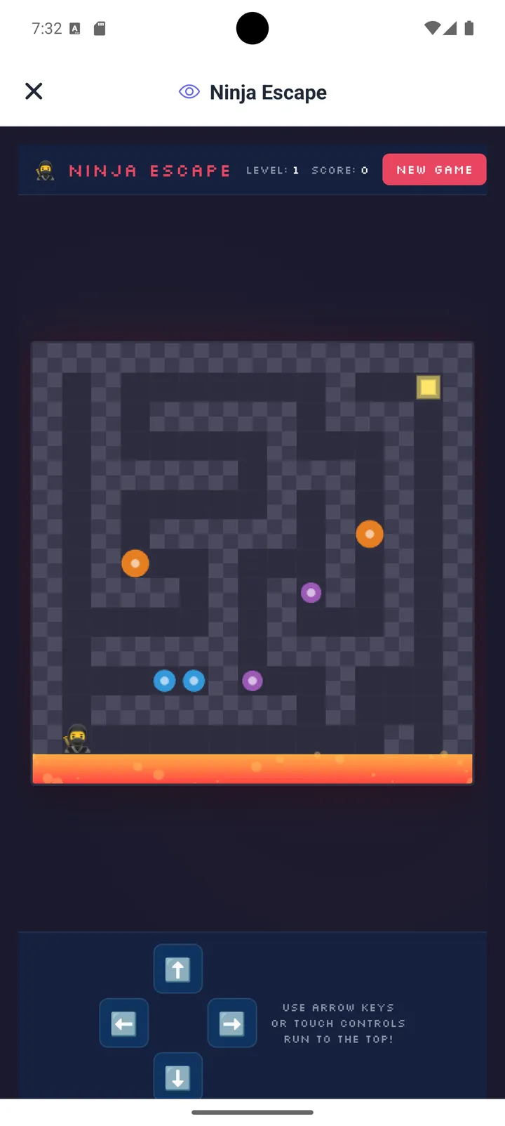 Ninja Escape maze arcade game made with Neyse, showing score, level counter and on-screen arrow controls